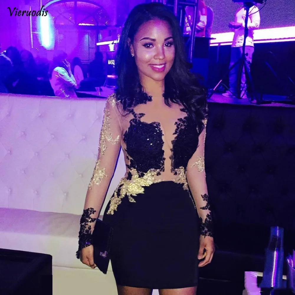 88-1               Sexy See Through Sheath Cocktail Dresses New 2019 Black And Gold Lace Applique Beads African Girls Mini Tight illusion Cheap Prom Party Wear