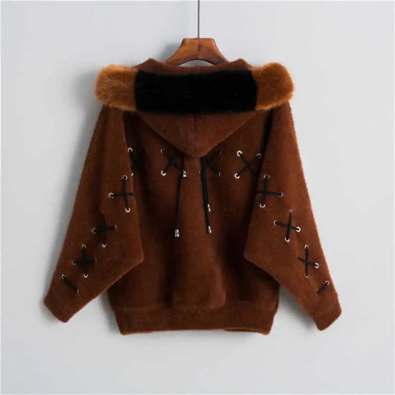 

Women 2019 Autumn Winter Faux Mink Sweater Coat Female Batwing Sleeve Hooded Open Stitch Coat Warm Jacket Casaco Mujer K192