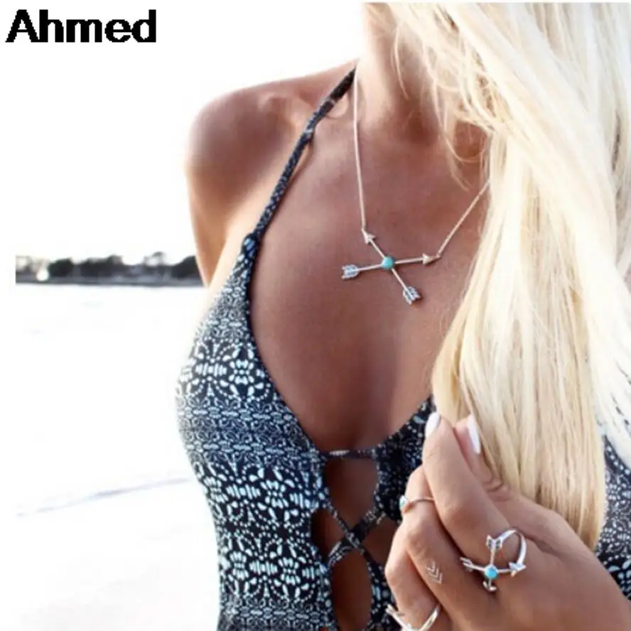 

Ahmed Jewelry Fashion Cupid Boho Antique Necklaces Pendants Ethnic Arrow Stone Choker Necklace Sliver Chain Woman Girl