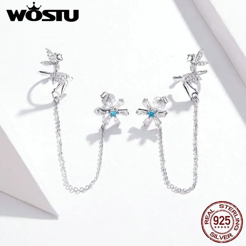 WOSTU серьги феи и цветка 100% Стерлинговое Серебро 925 пробы длинные для женщин циркон