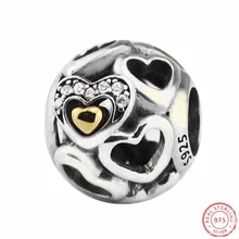 Стерлинговое Серебро 925 пробы сердце романтики ажурная бусина с 14 K Золотое сердце прозрачный CZ DIY Fit PANDORA Подвески для изготовления ювелирных изделий FL555K