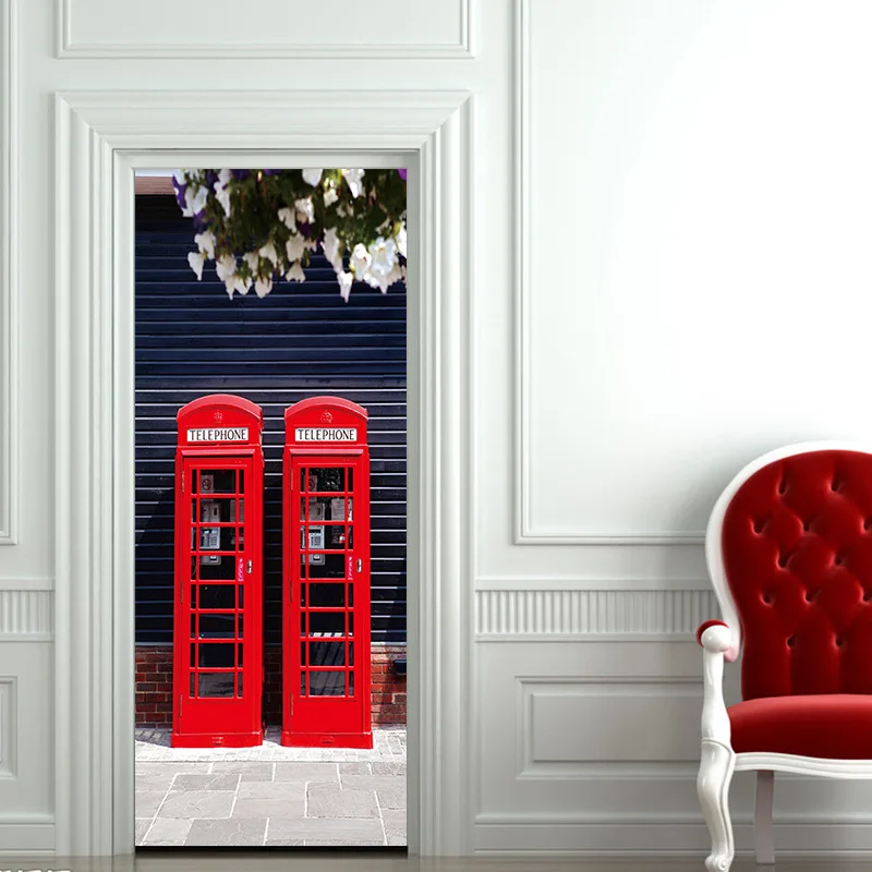 Наклейки на двери телефонной будки Лондона самоклеющиеся декоративные обои на двери водонепроницаемые ПВХ домашний арт Фреска 77x200 см