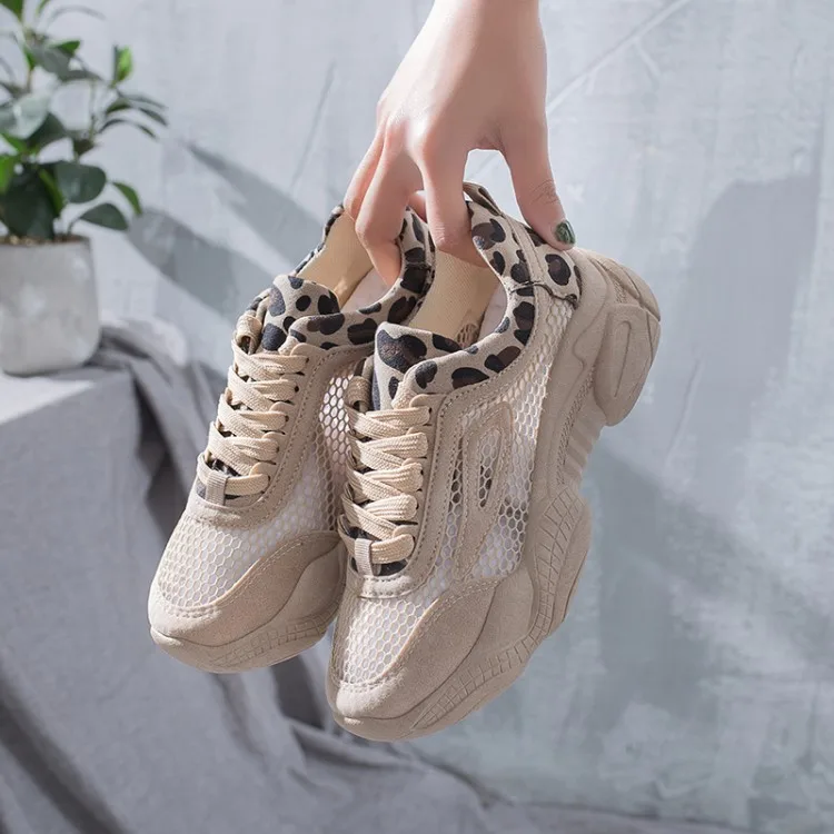 

Women Shoes Leopard Hollow Mesh Breathable Chunky Platform Sneakers For Women Vulcanize Shoes Summer Leather Casual Shoes
