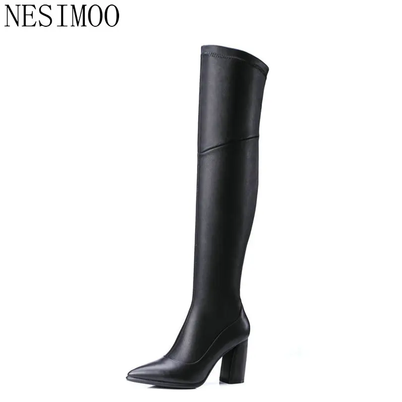 

NESIMOO 2018 Black Women Over Knee High Boots High Heel Pointed Toe Cow Leather Stretch Fabric Square Heel Long Shoes Size 34-39