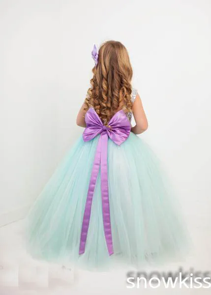 Милые красивые Зеленая мята принцесса платье для дня рождения с круглым вырезом длина до пола платье для малышки с серебряными блестками цветок Rocks фиолетовый лук