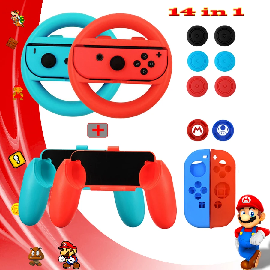 

14 in 1 Nintend Switch Accessories Racing Steer Wheel Handle Grips 2 Silicone Case 8 Analog Caps for Nintendo Switch NS Joy-con