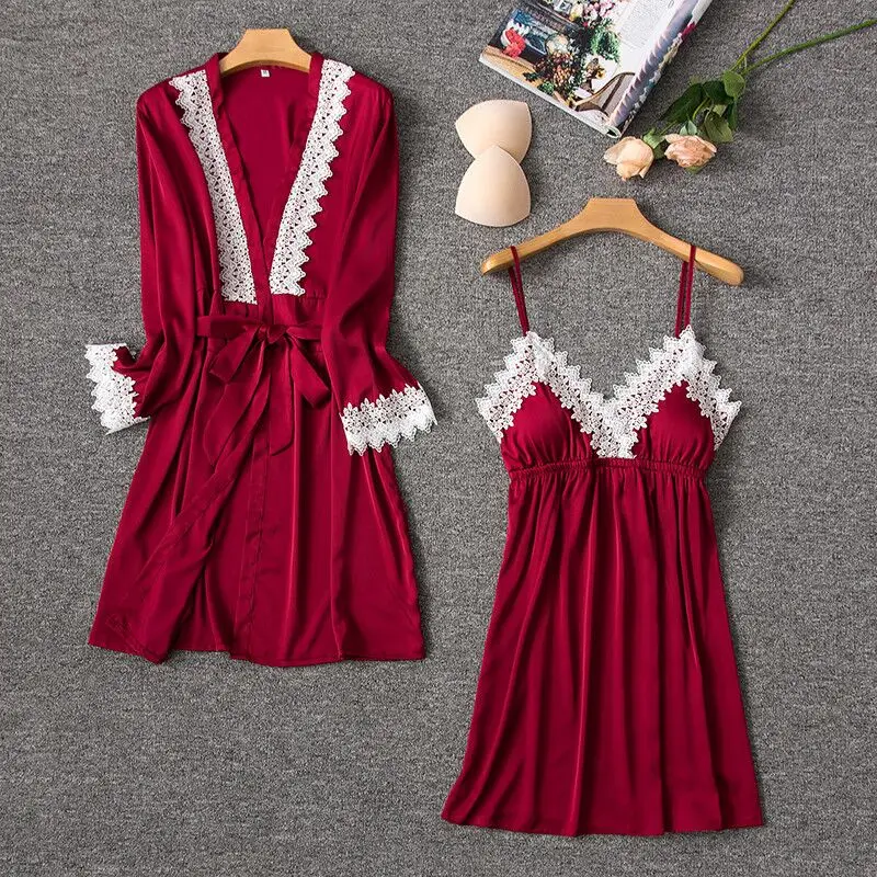 

New Summer Women Robe & Gown Sets Sexy Lace Satin Silk Mini Nightdress With Bathrobe Two-pieces Ladies Nightwear Sleepwear Suit