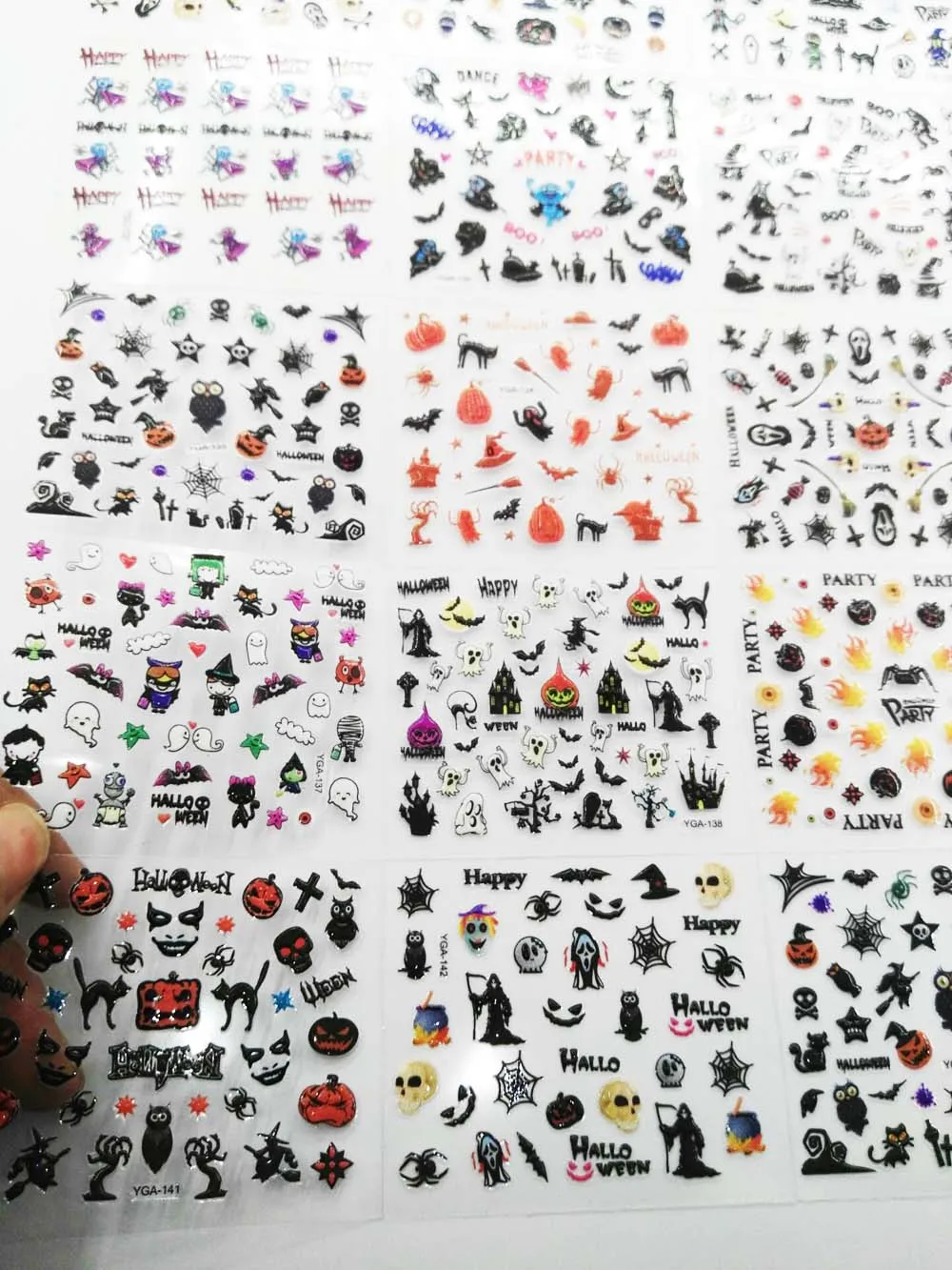 24 листа Хэллоуин дизайн 3D наклейки для дизайна ногтей Череп/тыква/Черный кот самоклеющиеся для ногтей кружевные наклейки# NTL29