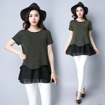 

3xl plus big size blusas feminina 2017 new korean spring summer style new thin false two piece chiffon shirts female A3345