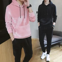 Осень Для мужчин новые свободные модные темпера Для мужчин t Youth дикий однотонный, из полиэстра с плюшевой подкладкой с капюшоном Повседневное спортивный костюм