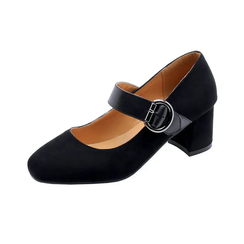 

B2-7 Size 32-48 Female Flock Vintage Pumps Ladies Buckle Strap Shoes Woman Thick Heels Shoes Women Concise Career Daily Shoe