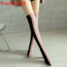 Зимние сапоги суперзвезды, смешанные цвета, сохраняющие тепло, с острым носком, суперзвезды, тянущиеся сапоги до бедра, Милые Сапоги выше колена, L65