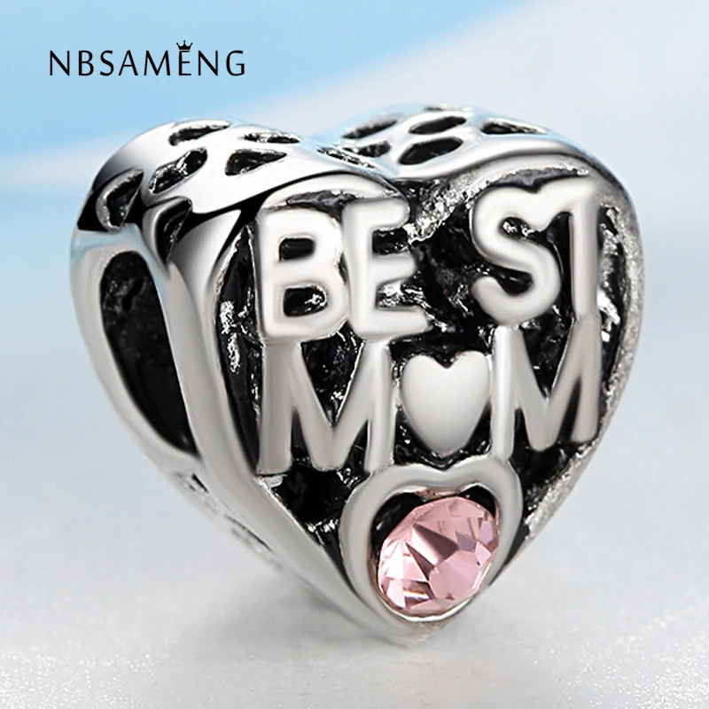 

New Alloy Bead Charm Vintage Love Heart Best Mom With Crystal Beads Fit Pandora Bracelets & Bangles DIY Jewelry yw16074