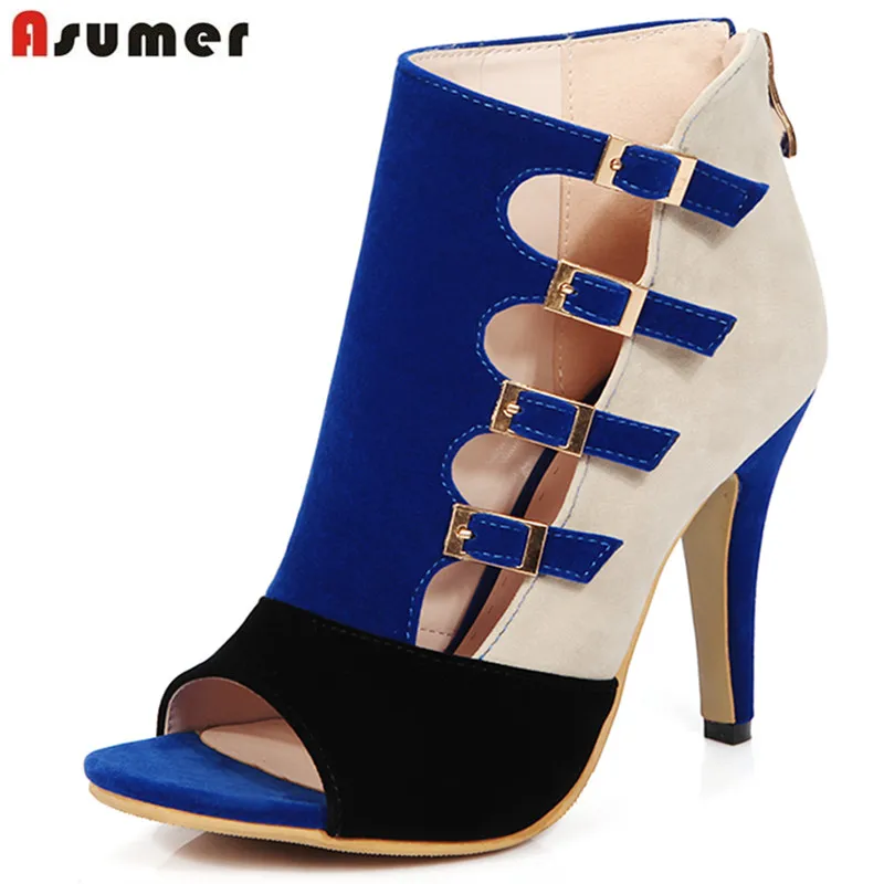 ASUMER/Новые модные летние ботинки больших размеров 33-46 женские ботинки на высоком тонком каблуке с открытым носком и пряжкой женские разноцветные ботильоны