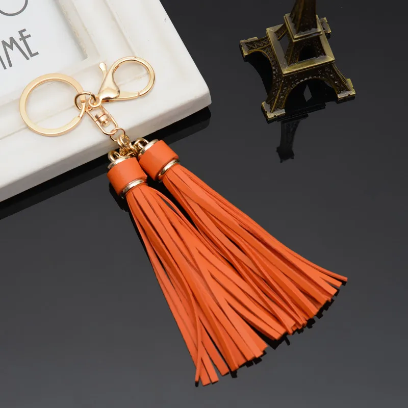 Classic PU Leather Tassel Key Chain Gold Color Metal Key Ring Women Bag Charm Handbag Accessory