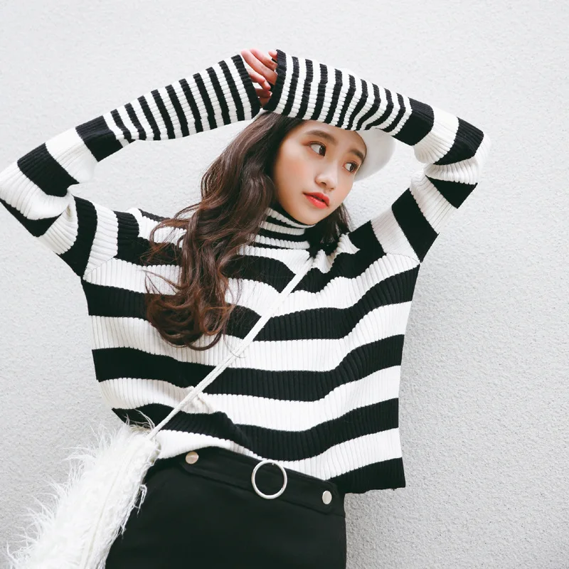 

Корейский осенне-зимний полосатый свитер, женский свободный темпераментный пуловер с высоким воротником, высококачественный вязаный джемпер для девушек, топы H9399