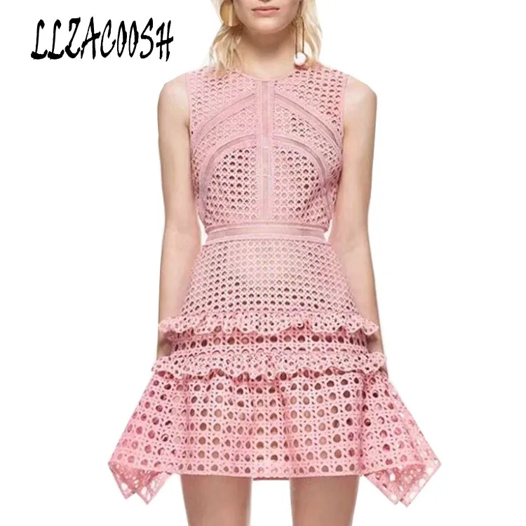 

2019 Summer Women self portrait Sleeveless Water Soluble Lace Hollow Out Irregular Ruffles Bottom Pink Mini Sexy Dress
