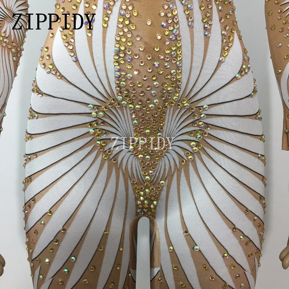 White Geometric Pattern Glisten Rhinestones Jumpsuit Women's Party Celebrate Nightclub Female Singer DS Big Stretch Sexy Rompers