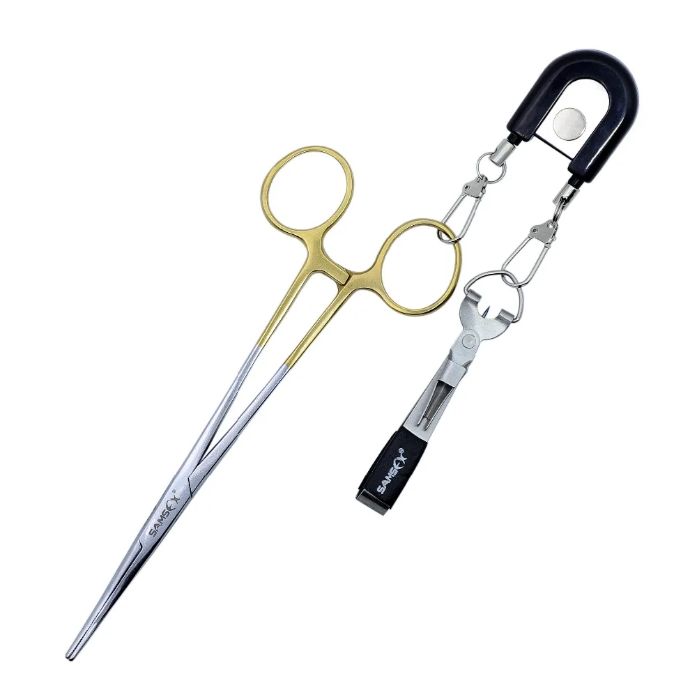 

SAMSFX Fishing Quick Knot Tying Tools Fish Forceps w/ Dual Zinger Double Cord Retractor Fly Fishing Vest Pack Tool Gear Kit