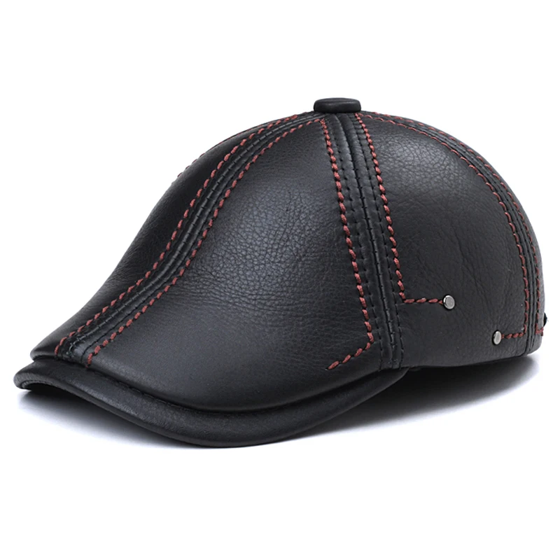 US $36.55 Svadilfari New 2018 Leather Windproof Duckbill Man Women Cap Cowhide Gorras Black Ear Casquette Hats For Male Berets