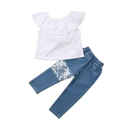 Мода новорожденных Дети Одежда для девочек комплект с открытыми плечами белая футболка Топы Корректирующие + Кружево Jean Джинсовые штаны