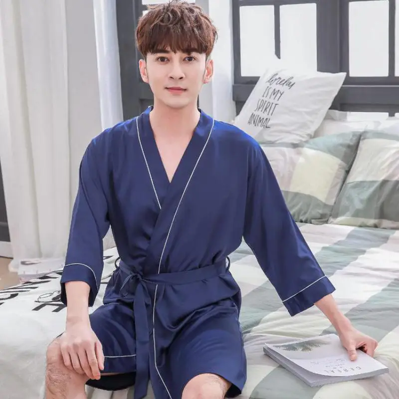 Темно-синий мужской пижамы Летний Повседневный халат кимоно халат однотонная цветная одежда для сна ночная рубашка искусственный шелк домашний халат L XL XXL