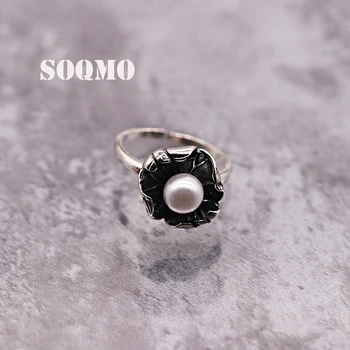 

SOQMO 100% Real 925 Sterling Silver Jewelry Lotus leaf & Simulated Pearl Cute Rings for Women Lady Party Gifts SQM116