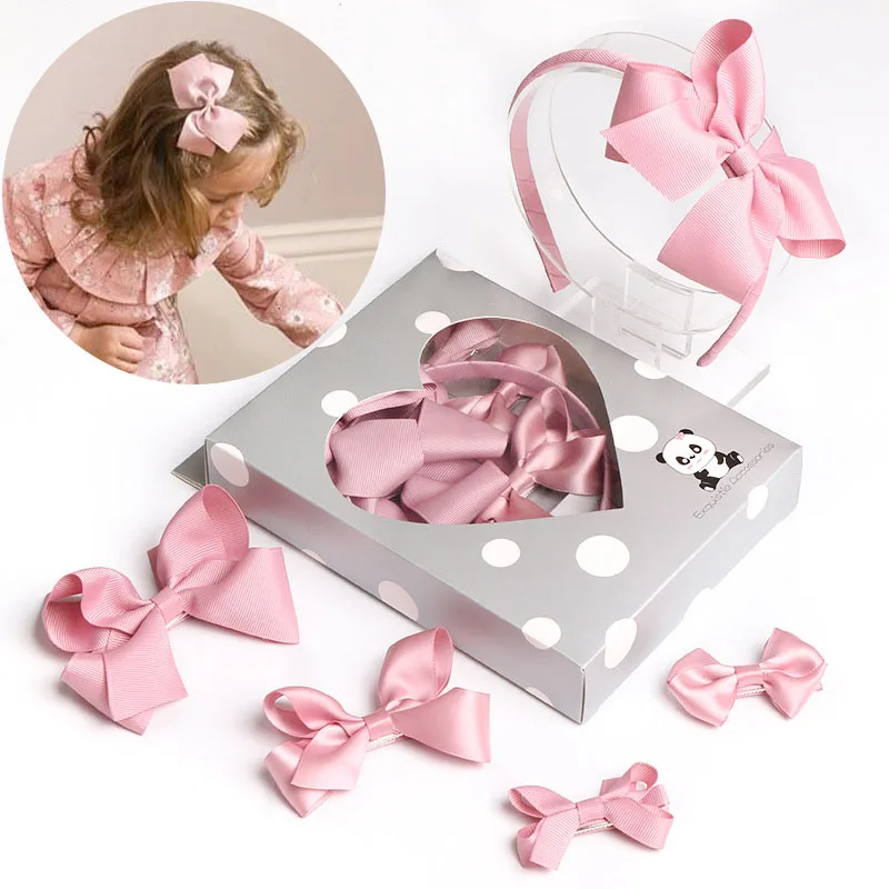 

5pcs/set Big Bows Hair Clips Headband For Kids Soft Satin Girls Hair Accessories Hairpins Party Headwear Gift With Box Hair Band
