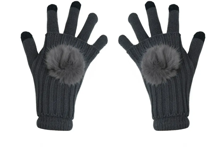 SuperB&G модные зимние Для женщин перчатки Двойка перчатки Для женщин настоящие волосы мяч Вязание шерсть варежки теплые перчатки для рук аксессуары - Цвет: Dark Grey
