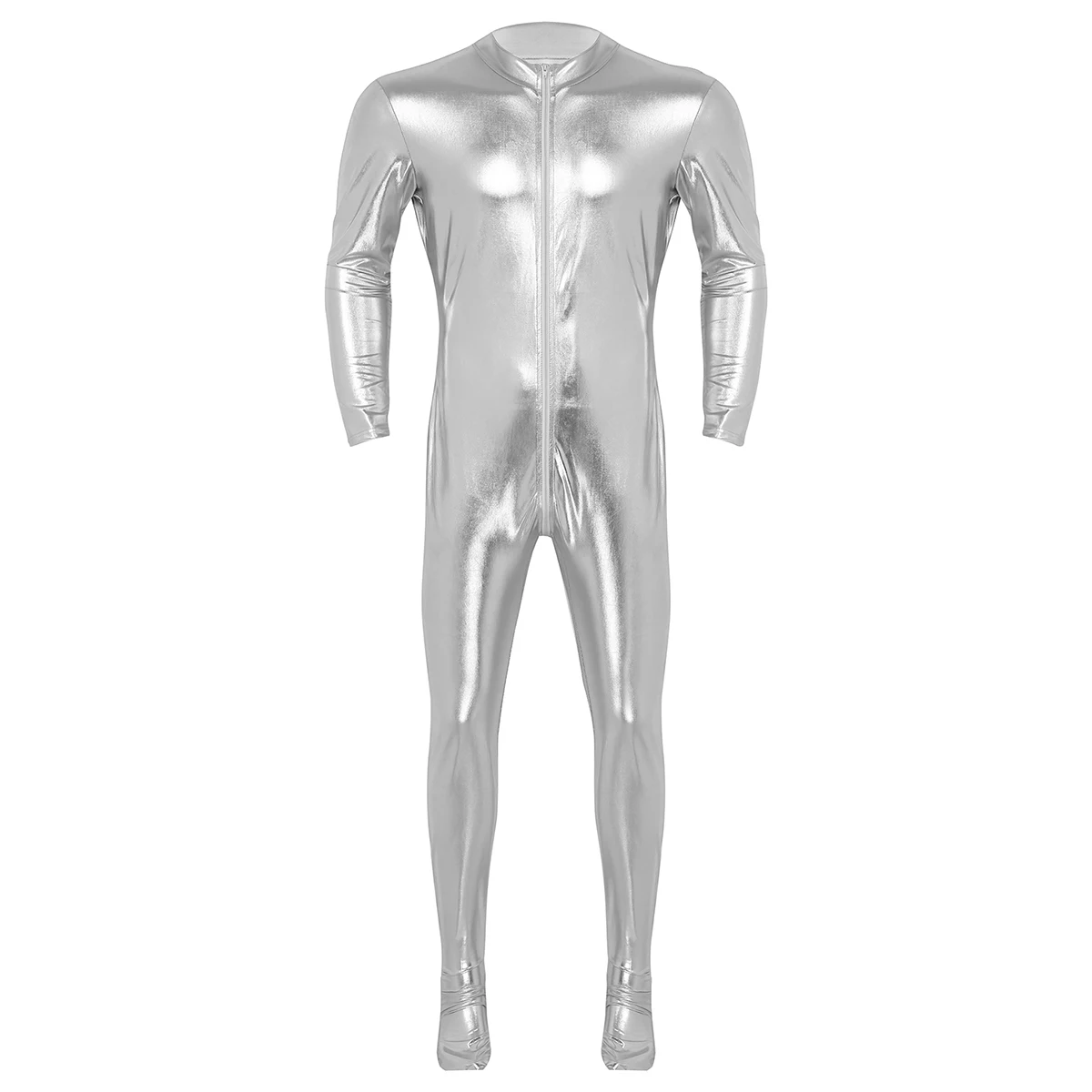 Mens Metallic Spandex Bodysuit Lycra Shiny Catsuit Sexy Unisex Zentai Full Body Suit Costume Clubwear Wet Look One Piece Unitard - Цвет: Silver