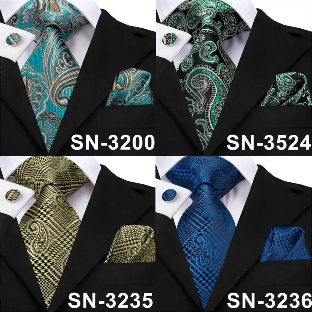 Hi Tie мужские шелковые галстуки зеленый/синий Hanky запонки в подарок полоску для
