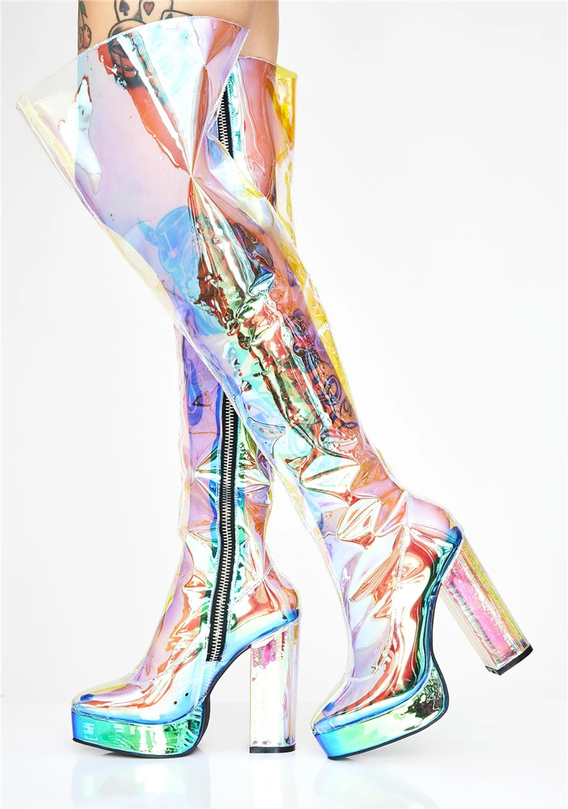 Mcacchi/; фирменный дизайн; прозрачные блестящие женские ботфорты из пвх; Сапоги выше колена на платформе с круглым носком на молнии