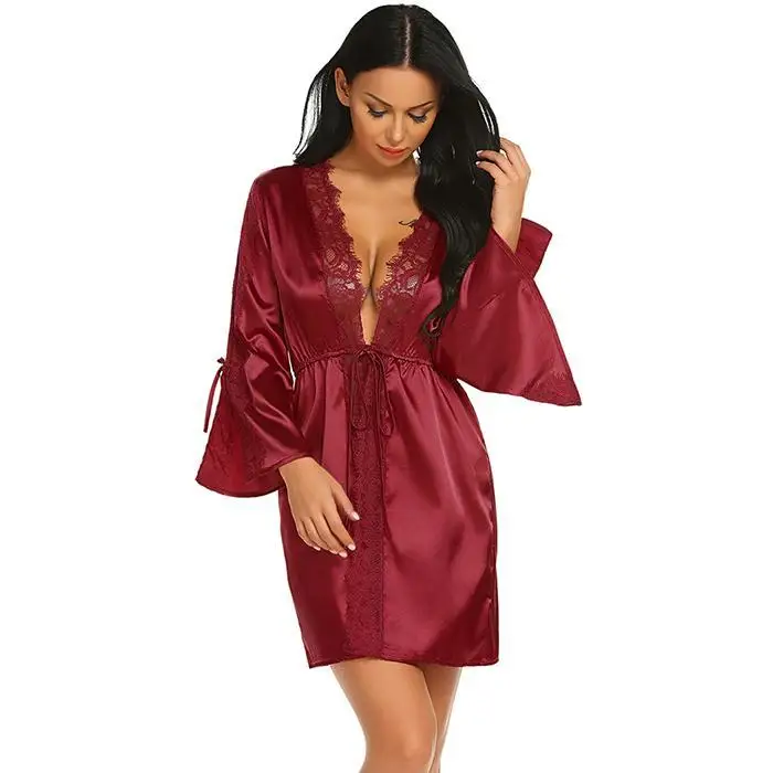 Avidlove Autumn Sleeve Sexy Nightwear Robes Lace Floral Long Satin Patchwork Nightgown Women Short Dressing Gowns for Women