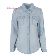 Spring Autumn jeans woman Women Blouse Lapel Button Blue Down Denim Jean Shirt Female Pocket Slim Top Coat Blouse Blusa