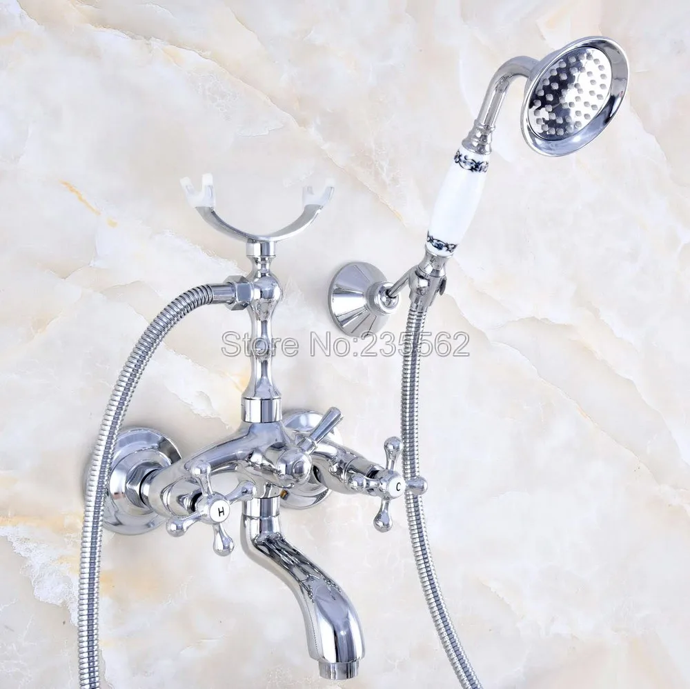 Bathroom Chrome Wall Mounted Bathtub Faucet Dual Ceramic Handle Shower Mixer Tap with Handheld Spray lna764 | Обустройство дома