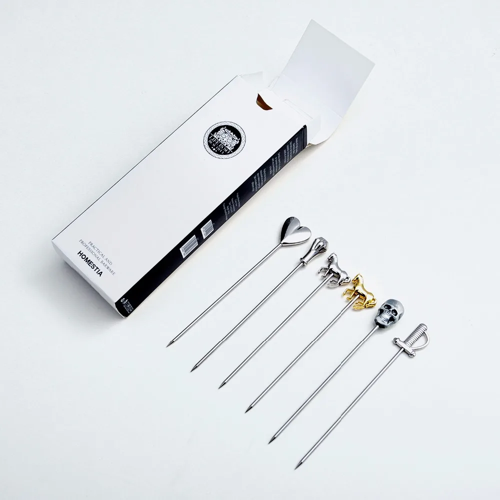 6pcs Cocktail Picks Stainless Steel Fruit Sticks Bar Tools Drink Stirring Sticks Martini Picks