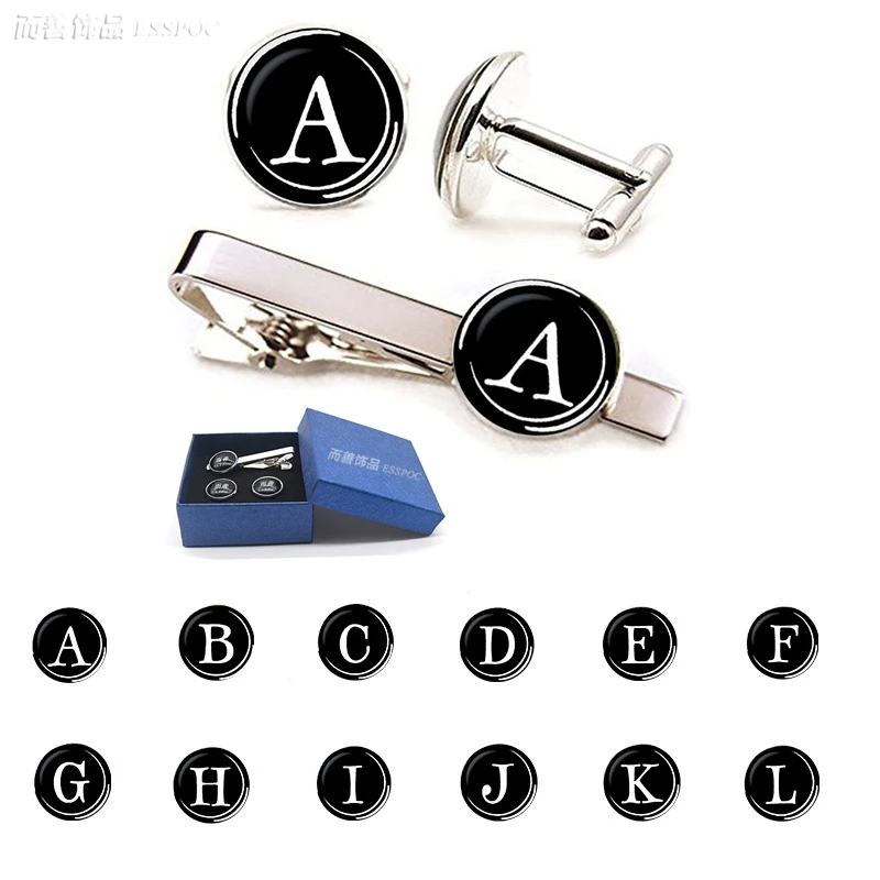 

26 Alphabet Letters Print Personality Men Cufflinks Tie Clip Set Shirt Suit Cuff Links Wedding Cufflinks Fathers Day Gift