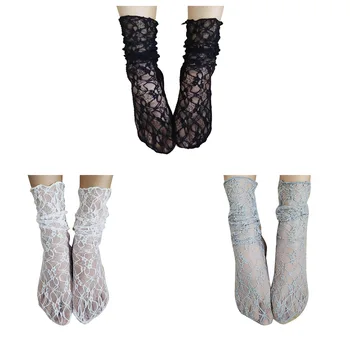 

Reteo Girls Fishnet Summer Lace Solid Color Ankle Mesh Slouch Loose Transparent Stockings