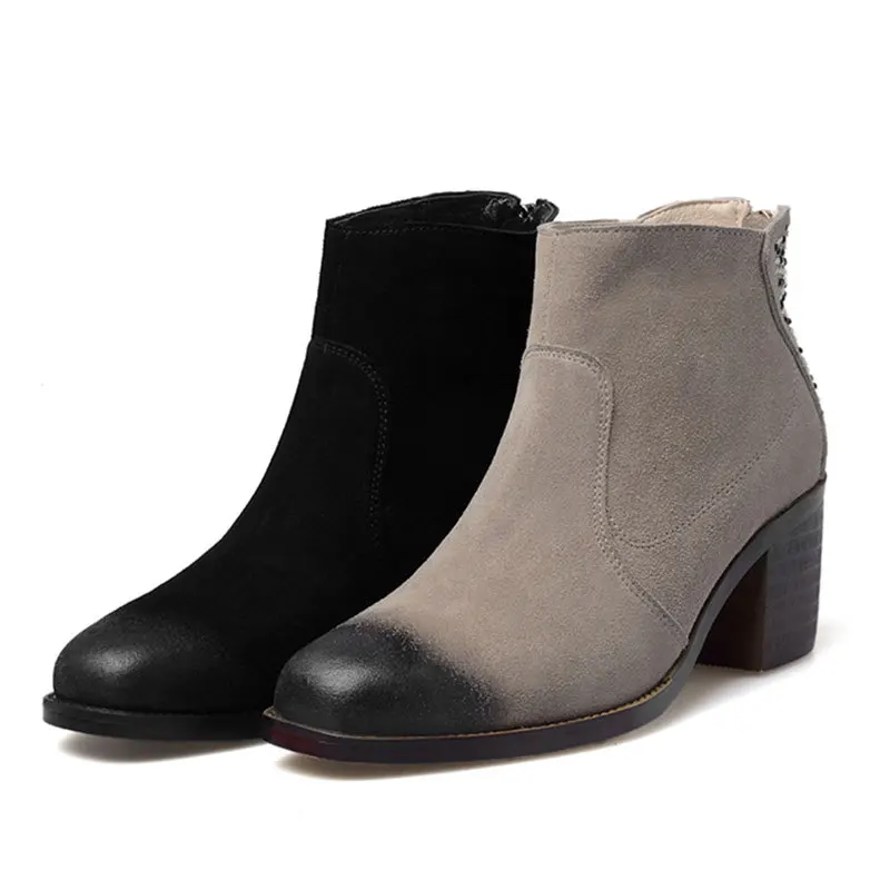 

New Spring/Autumn comfortable and fashion zipper boots round toe rhinestone boots solid color thick heeled ankle boots D3661