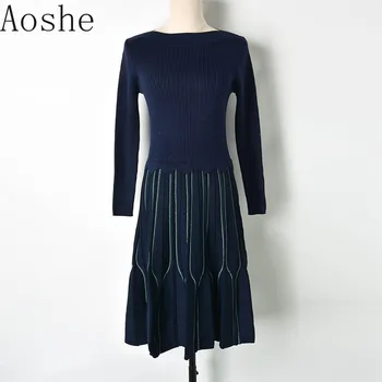 

Spring 2019 one-character collar hollow sleeve elastic knitted dress new fashionable elegant dress