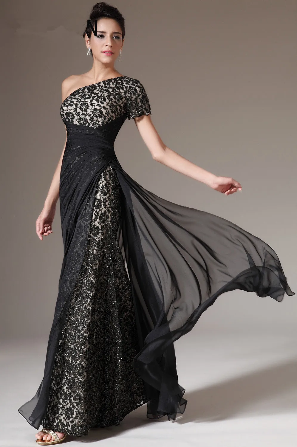 Freeshipping-One-Shoulder-Black-Lace-Evening-Dresses-Evening-Gowns (2)