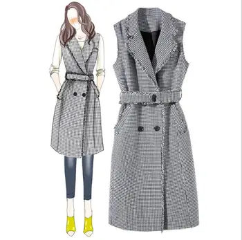 

Autumn new houndstooth suit collar tassel sleeveless belt long fashion casual temperament street dress