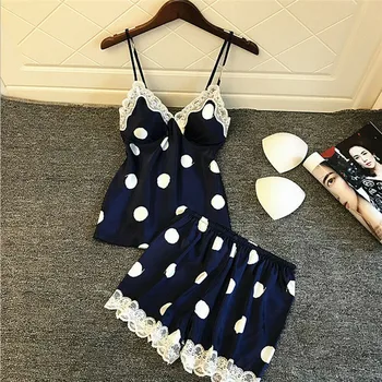 

Women's Satin Silk Sleepwear Dot Printed Pajamas Sets New Sexy V-neck Nightdress Ladies' Fashion Night Wave point Wear Hot Sale