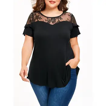 

Women Blouse Plus Size Lace O-neck Patchwork Ruffles Sexy Blouse Short Sleeve Tops Shirt 4xl