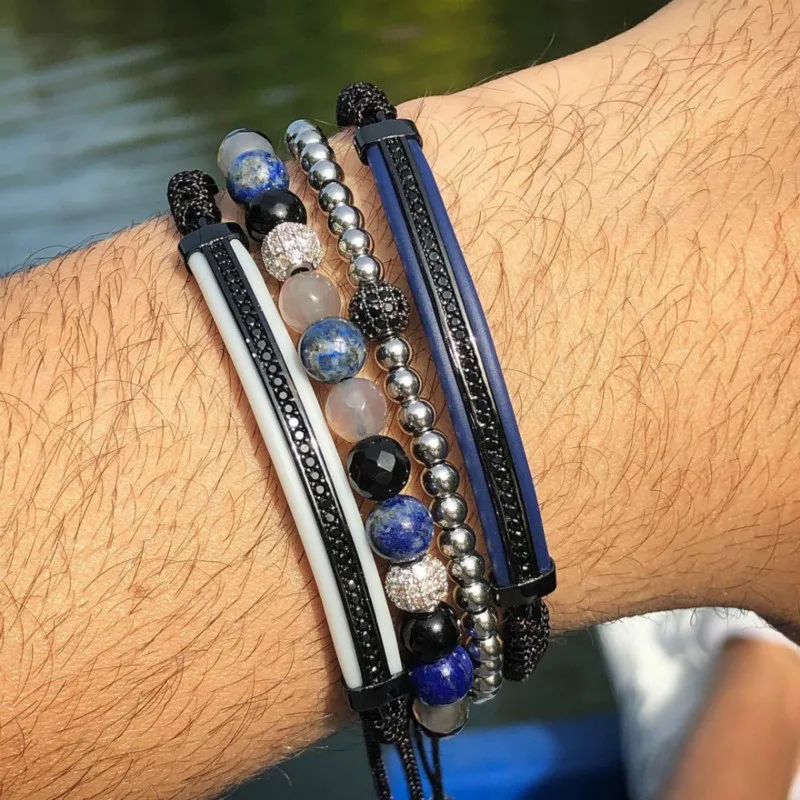 

Luxury Multi-piece Men Bracelet Sets Pave CZ Handmade Weave Braided Macrame Bead Bracelet Sets For Men Jewelry