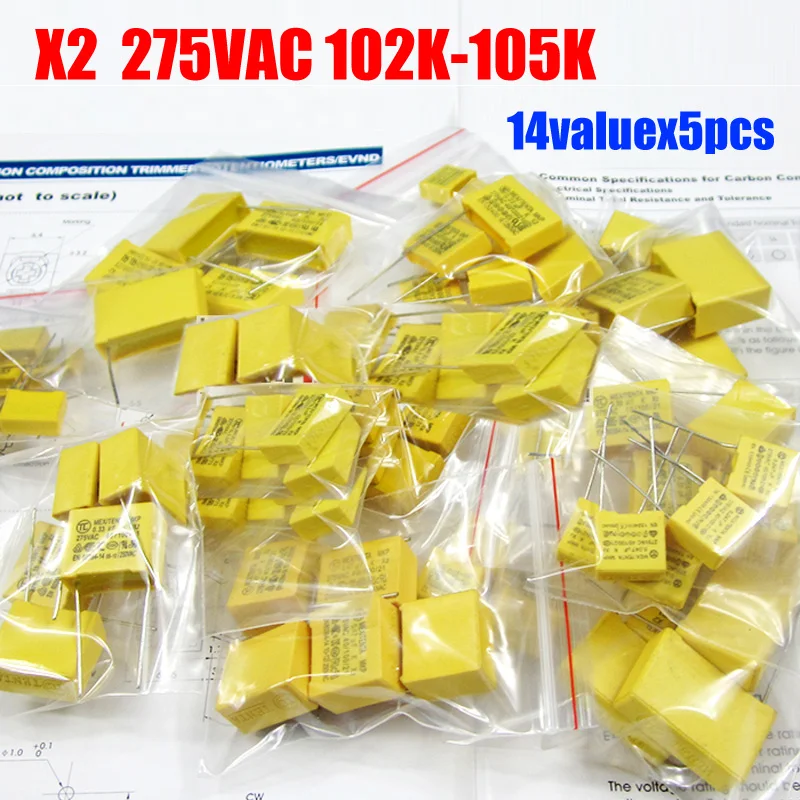 X2 Safety Capacitor 275VAC 102K-105K 1NF~1UF Assorted Kit 14valuesx5pcs=70pcs