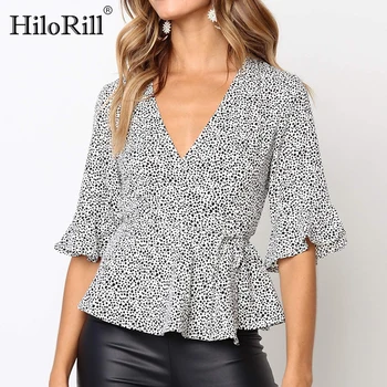 

2020 Fashion Summer Blouse Women Casual Dot Print Short Sleeve Sexy Deep V-Neck Blouses Elegant Ruffle Office Ladies Tops Shirts