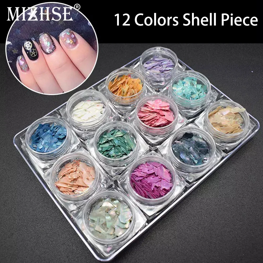 

MIZHSE 12 Color Nail Art Irregular Shell Decoration Paper Flake Slice Sequins Fragment DIY Pearl Shell Pieces Nail Tool Sets