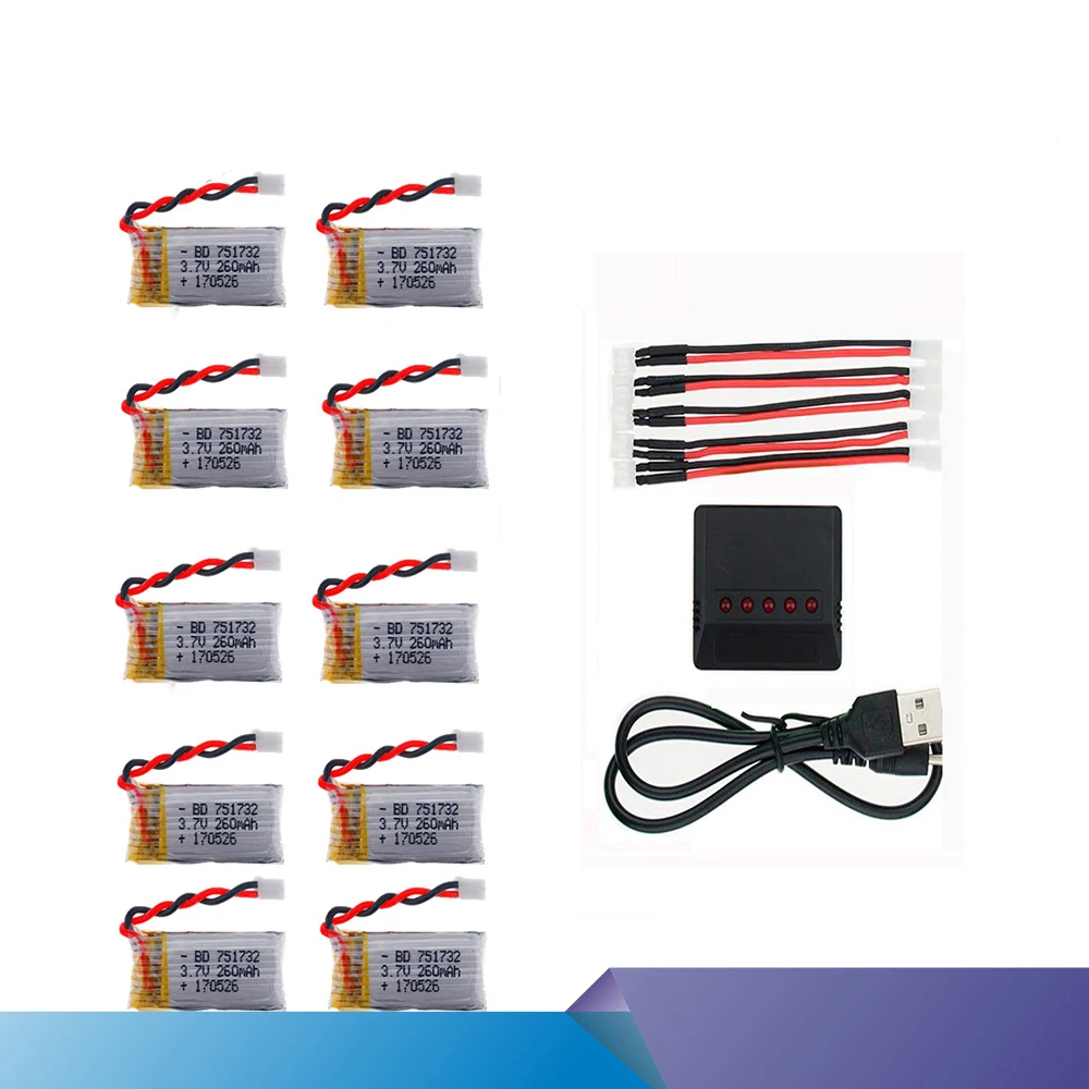 

JJRC 10Pcs 3.7V 260mAh 2.0 Connect Lipo Battery With X5 Charger Set for Eachine E010 E012 E013 JJRC H36 Mini RC Quadcopter drone
