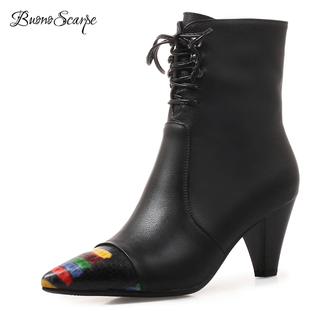 

BuonoScarpe Lady Lace Up Pointed Toe Ankle Boots Colorful Printed Toe High Heel Botas Female Elagant Spiked Heel Short BlackShoe